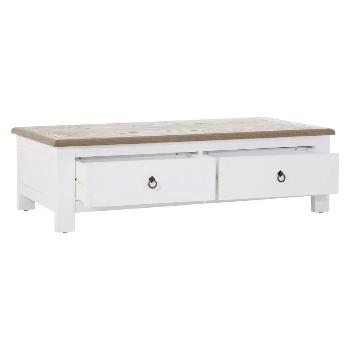 White wooden coffee table with natural top and two open storage drawers