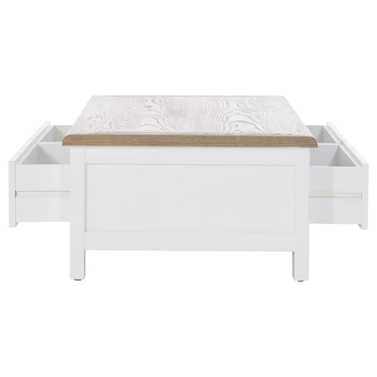 White wooden coffee table with light oak top and side drawers open