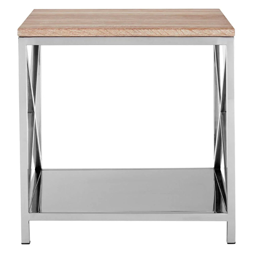 Square side table with light wood top and chrome metal frame, lower mirrored shelf