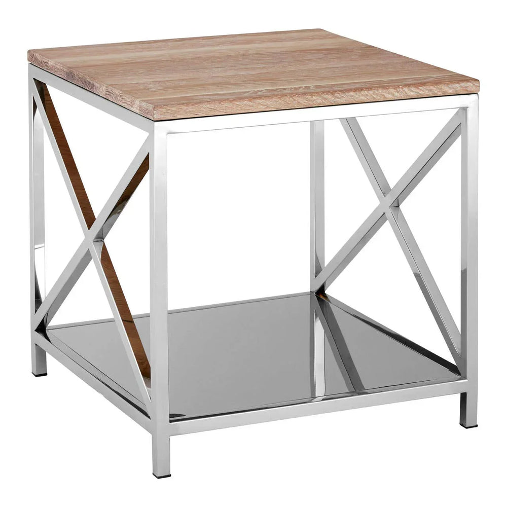 Modern side table with stainless steel frame and light wood top, lower mirrored shelf