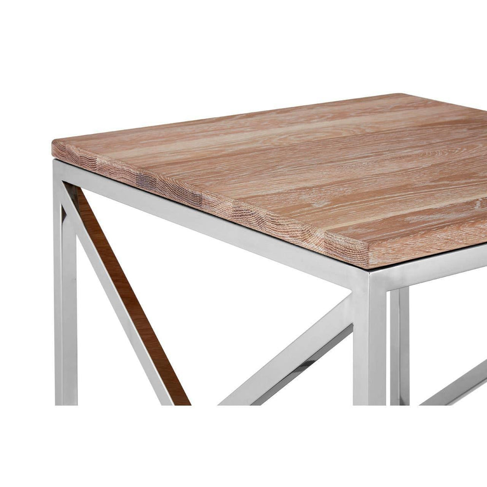 Square side table with light wood top and stainless steel frame, close corner view