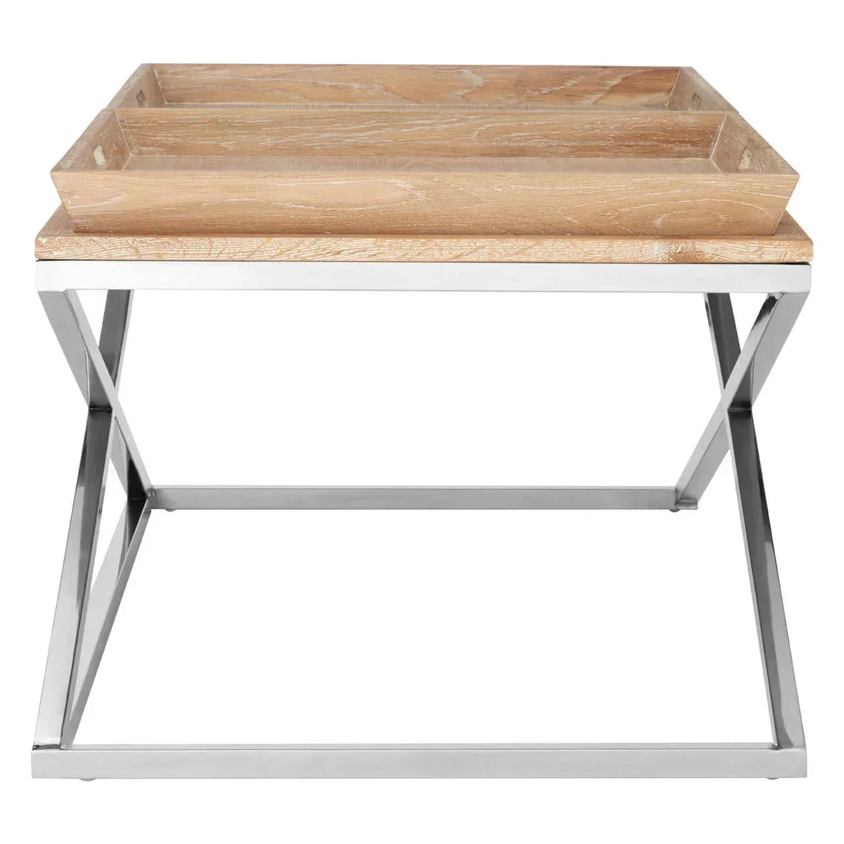 Rectangular wooden tray table with chrome metal frame, modern design, front view