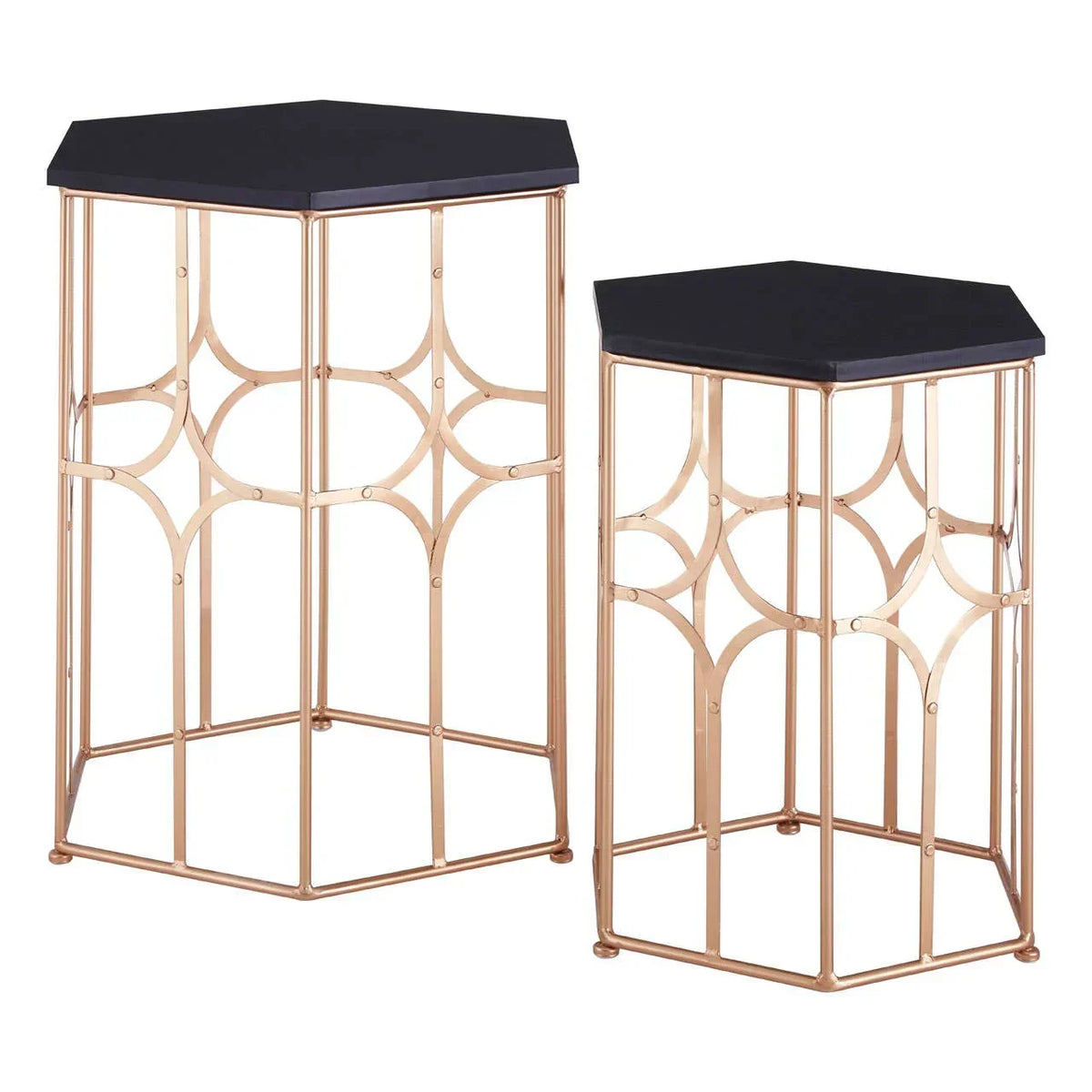 Hexagonal side tables with black tops and gold metal geometric frames, set of two