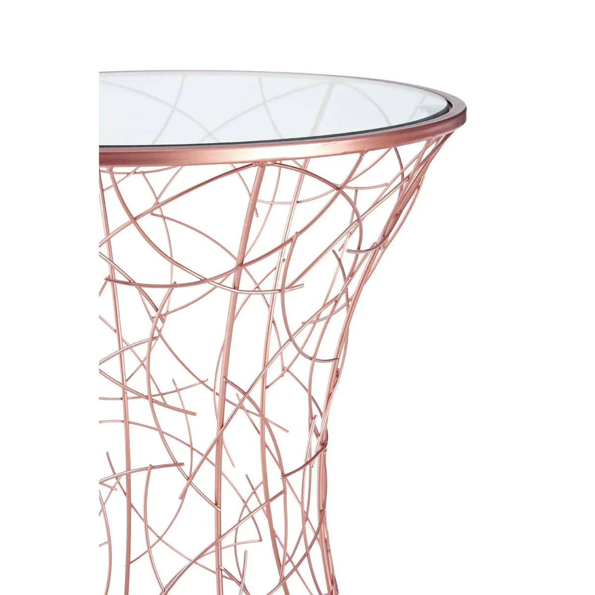 Round glass top side table with rose gold metal wire base, close-up view