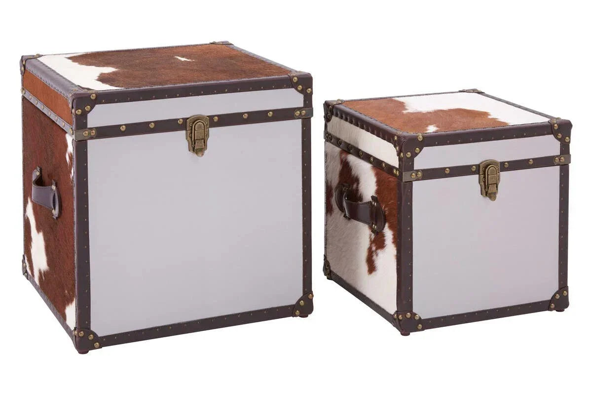 Set of two cowhide storage trunks with brown leather trim and metal hardware