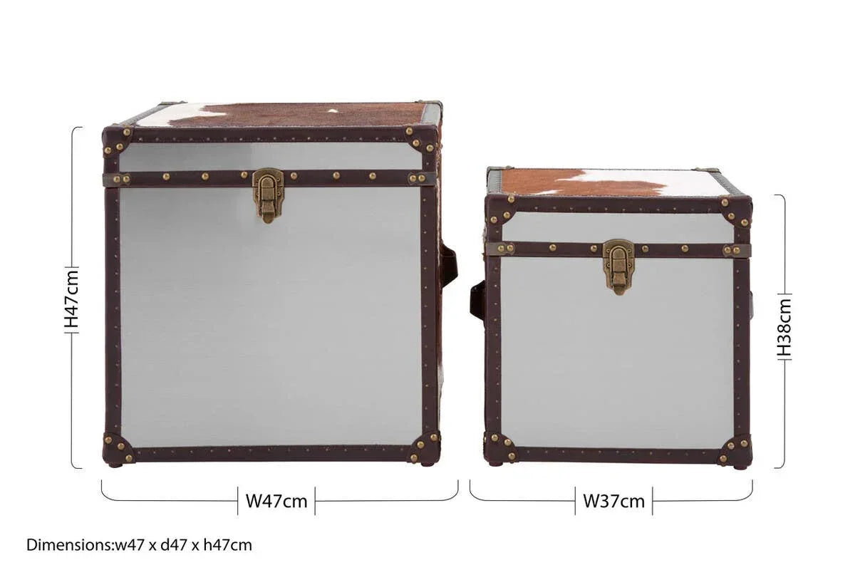 Set of two storage trunks with brown leather trim and brass latches, shown with dimensions