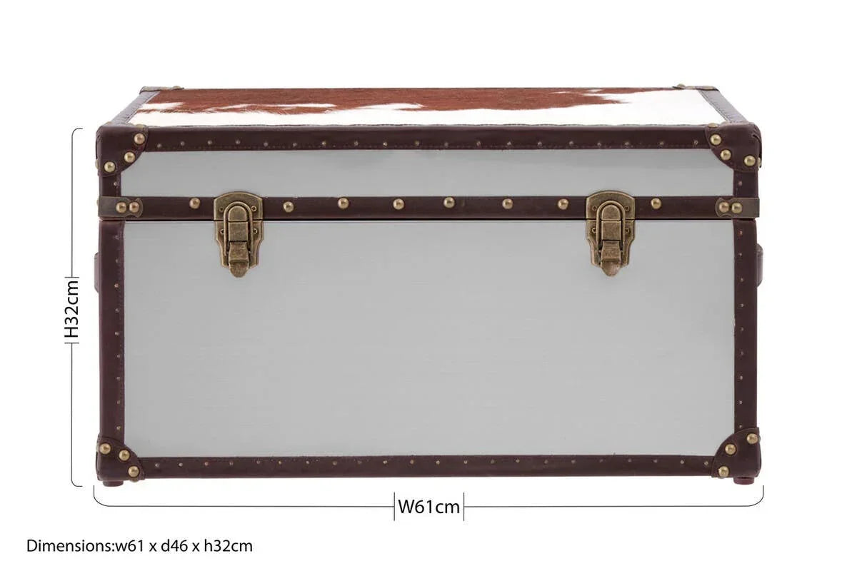 Storage trunk with brown trim, metal clasps and leather detailing, dimensions 61x46x32cm