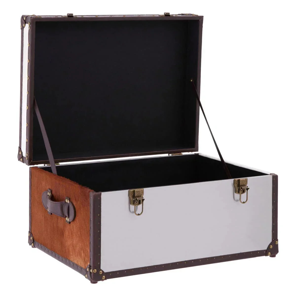White storage trunk with open lid, brown leather accents, side handle, and brass latches