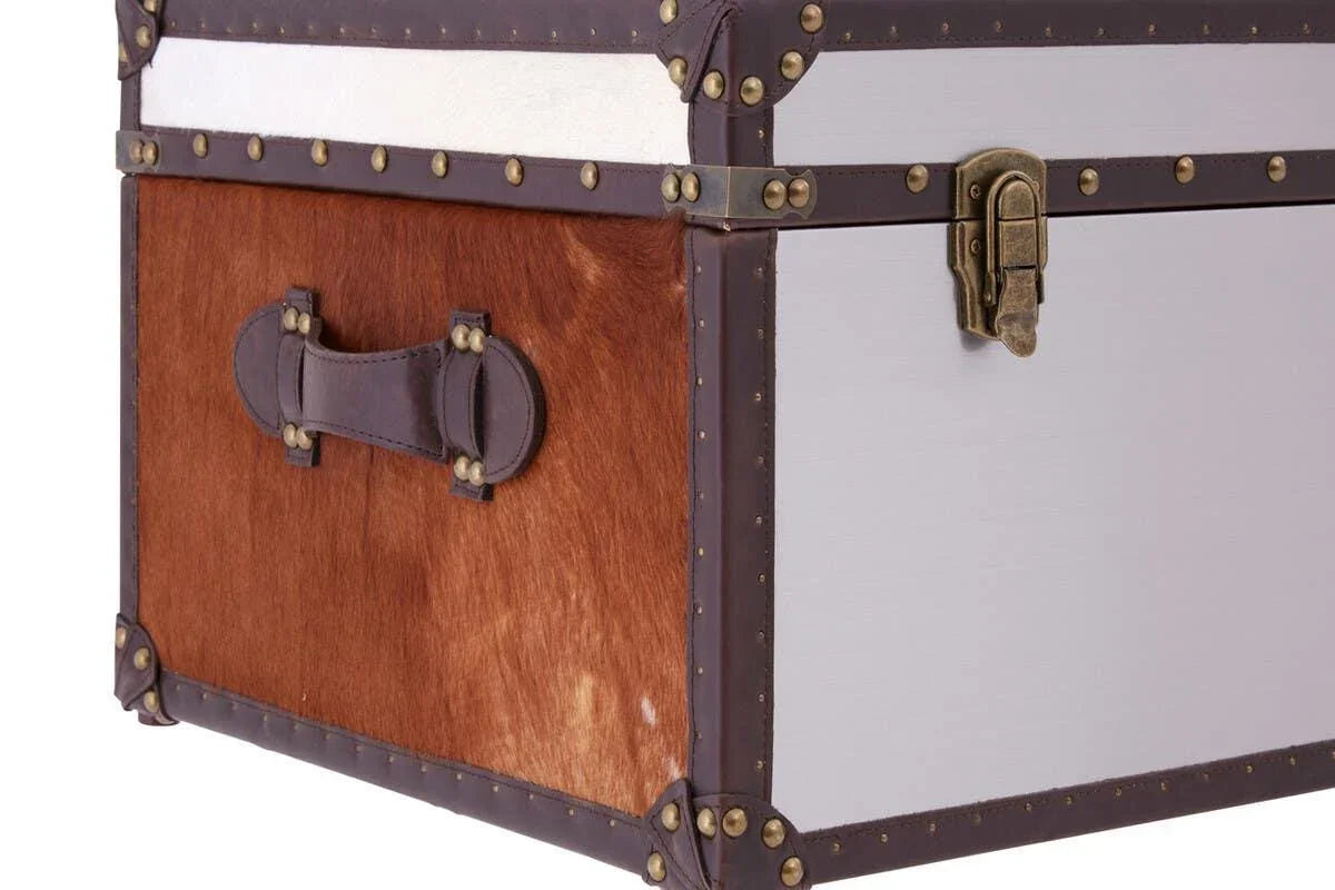 Brown and white storage trunk with leather trim and brass studs, side handle visible