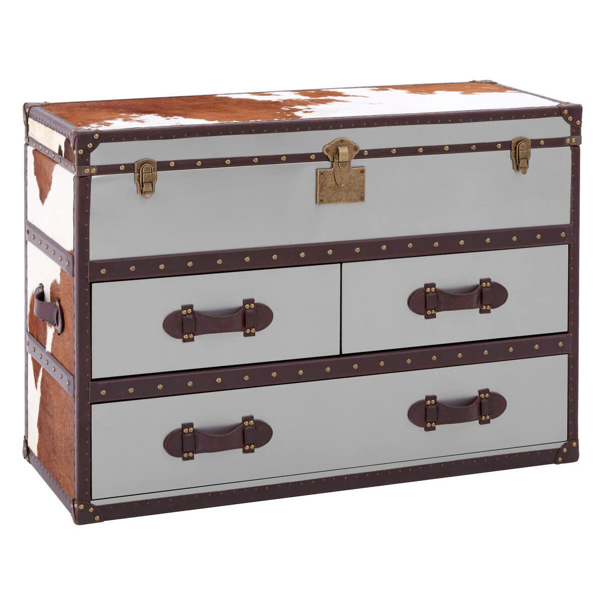 Brown and white cowhide cabinet featuring a rectangular shape with a flat top, three drawers with decorative handles, and metal accents. The cabinet has a vintage design with a lock on the front and contrasting brown trim along the edges