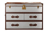 A stylish cabinet featuring a brown and white cowhide design, with a smooth white front and rich brown accents. The cabinet has a top lid with a brass lock and two large drawers below, each adorned with decorative brown handles. The overall design combines elegance with a rustic charm, suitable for various home decor styles
