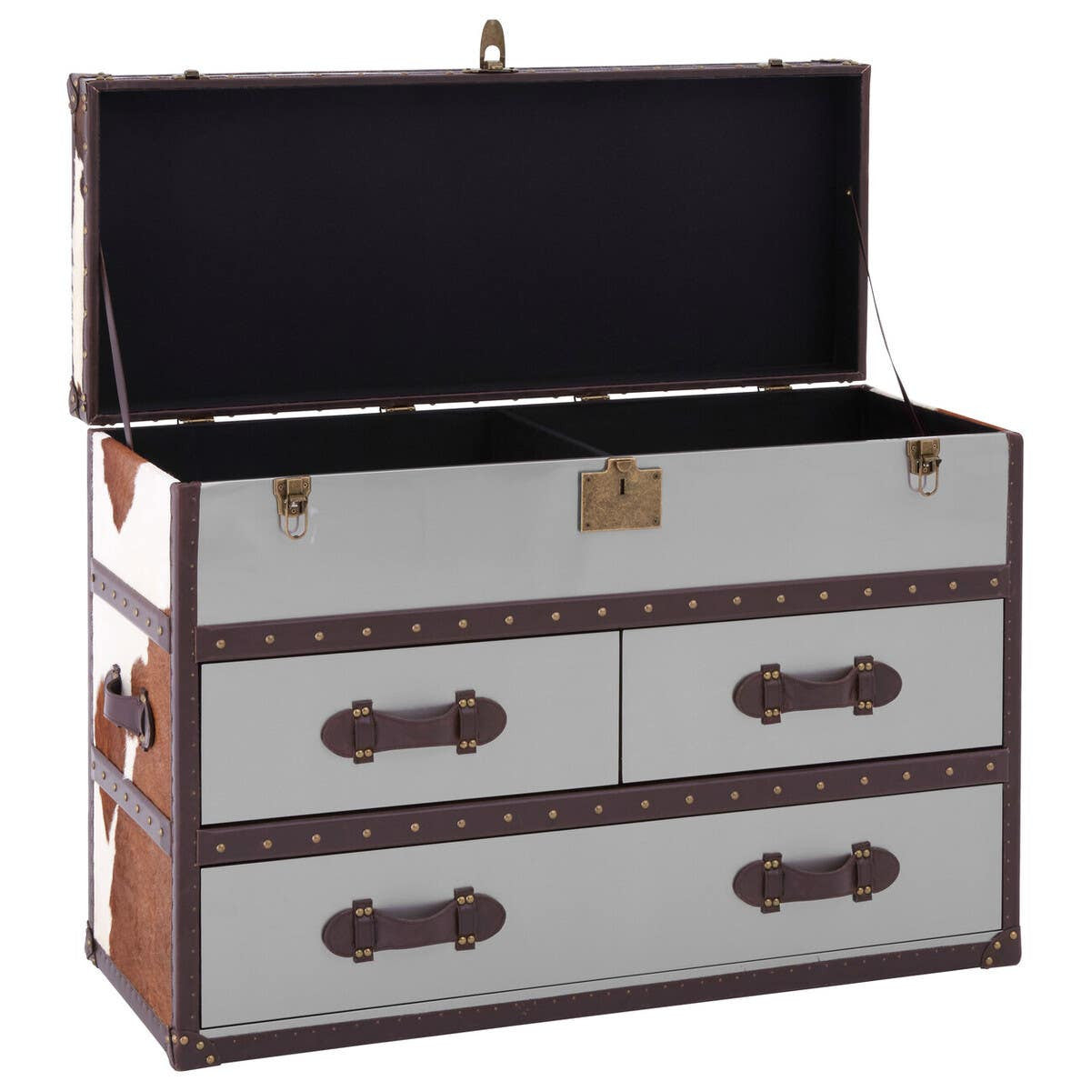 Brown and white cowhide cabinet featuring a spacious top compartment with a hinged lid and a black interior, complemented by three front drawers with decorative handles and a sturdy frame. The cabinet showcases a stylish blend of textures and colors, ideal for home decor