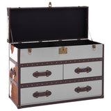 Brown and white cowhide cabinet featuring a spacious top compartment with a hinged lid and a black interior, complemented by three front drawers with decorative handles and a sturdy frame. The cabinet showcases a stylish blend of textures and colors, ideal for home decor