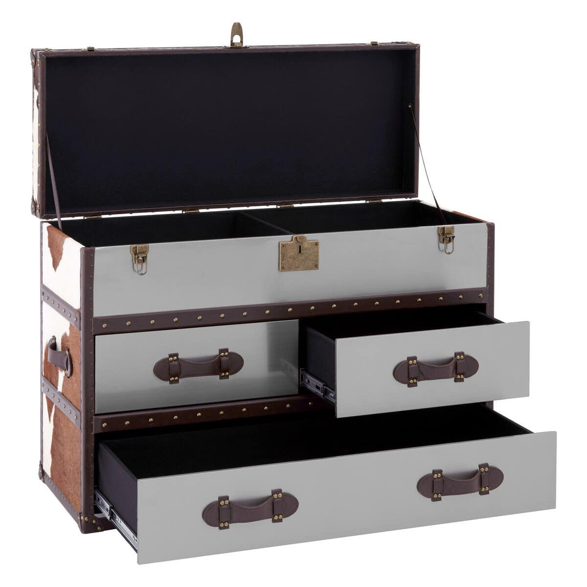 A stylish cabinet featuring a brown and white cowhide exterior, with a hinged top that opens to reveal storage space. The cabinet has three drawers at the front, each with decorative handles, and a sturdy base. The overall design combines modern and rustic elements, making it a versatile piece for home decor