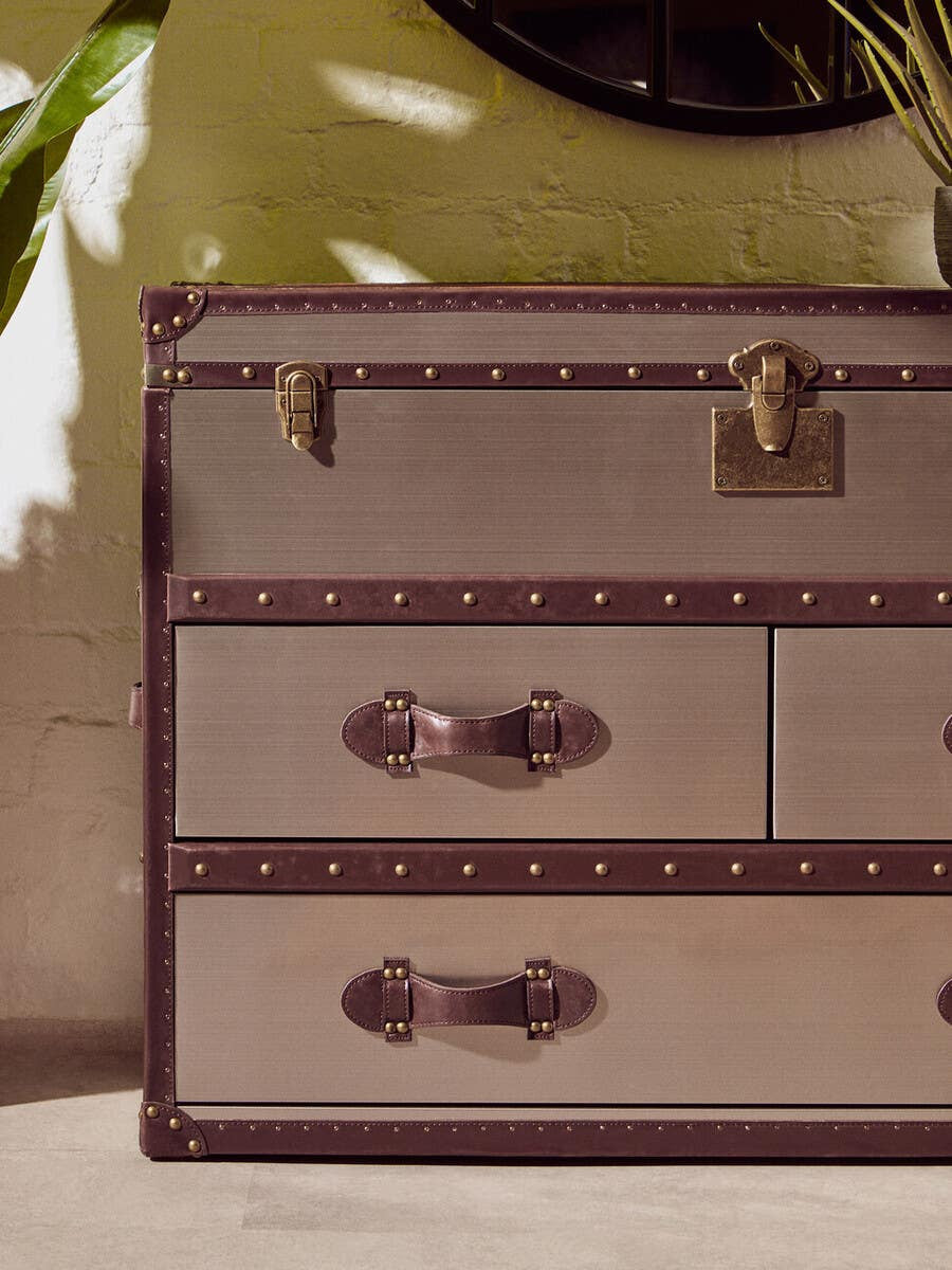Brown and white cowhide cabinet featuring two drawers with decorative handles, a smooth surface, and a stylish design. The cabinet is set against a light-colored wall with greenery in the background