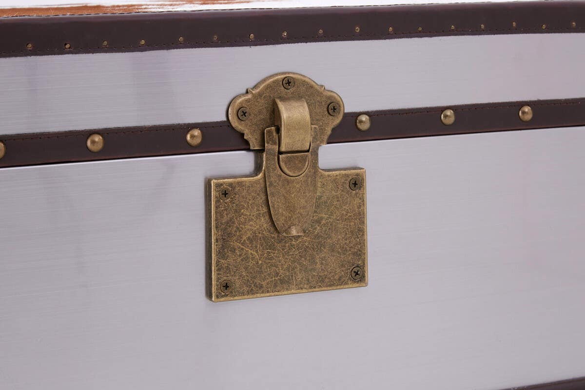 Close-up view of a brass latch on a cabinet featuring a brown and white cowhide design. The cabinet has a sleek, modern appearance with a contrasting dark trim along the edges. The latch is ornate, adding a touch of elegance to the overall design