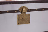 Close-up view of a brass latch on a cabinet featuring a brown and white cowhide design. The cabinet has a sleek, modern appearance with a contrasting dark trim along the edges. The latch is ornate, adding a touch of elegance to the overall design