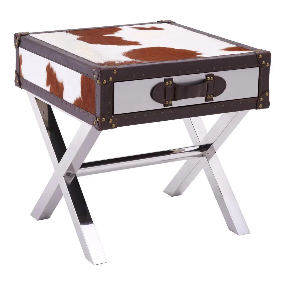 Cowhide and chrome accent table with suitcase drawer and X-shaped metal legs