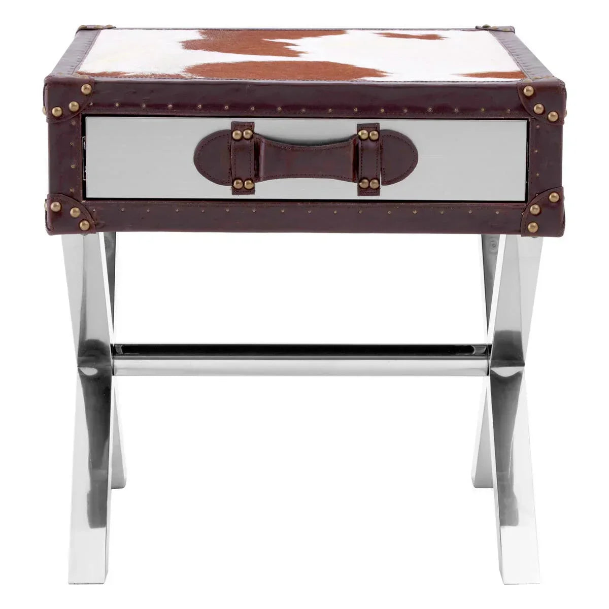 Leather and metal accent table with cowhide top, front drawer, and chrome legs