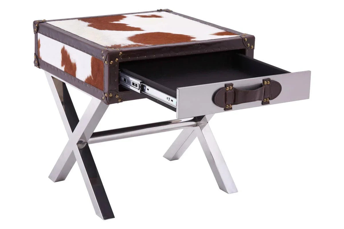 Cowhide accent table with metal X-legs and open drawer, brown and white finish