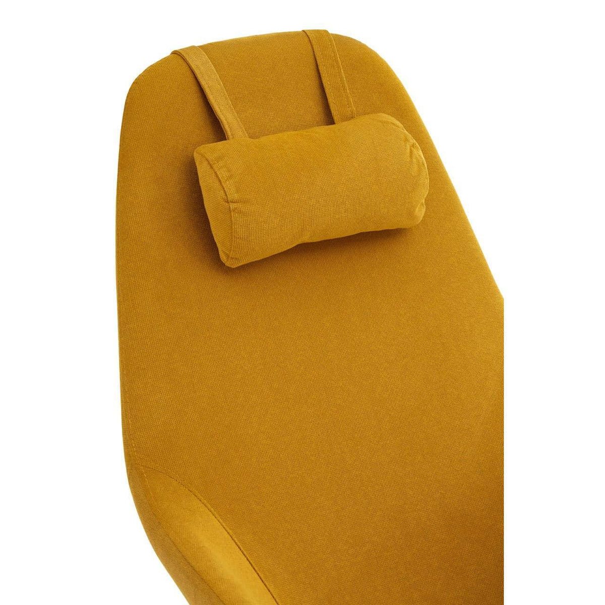 Mustard yellow fabric armchair with padded headrest, close view of backrest