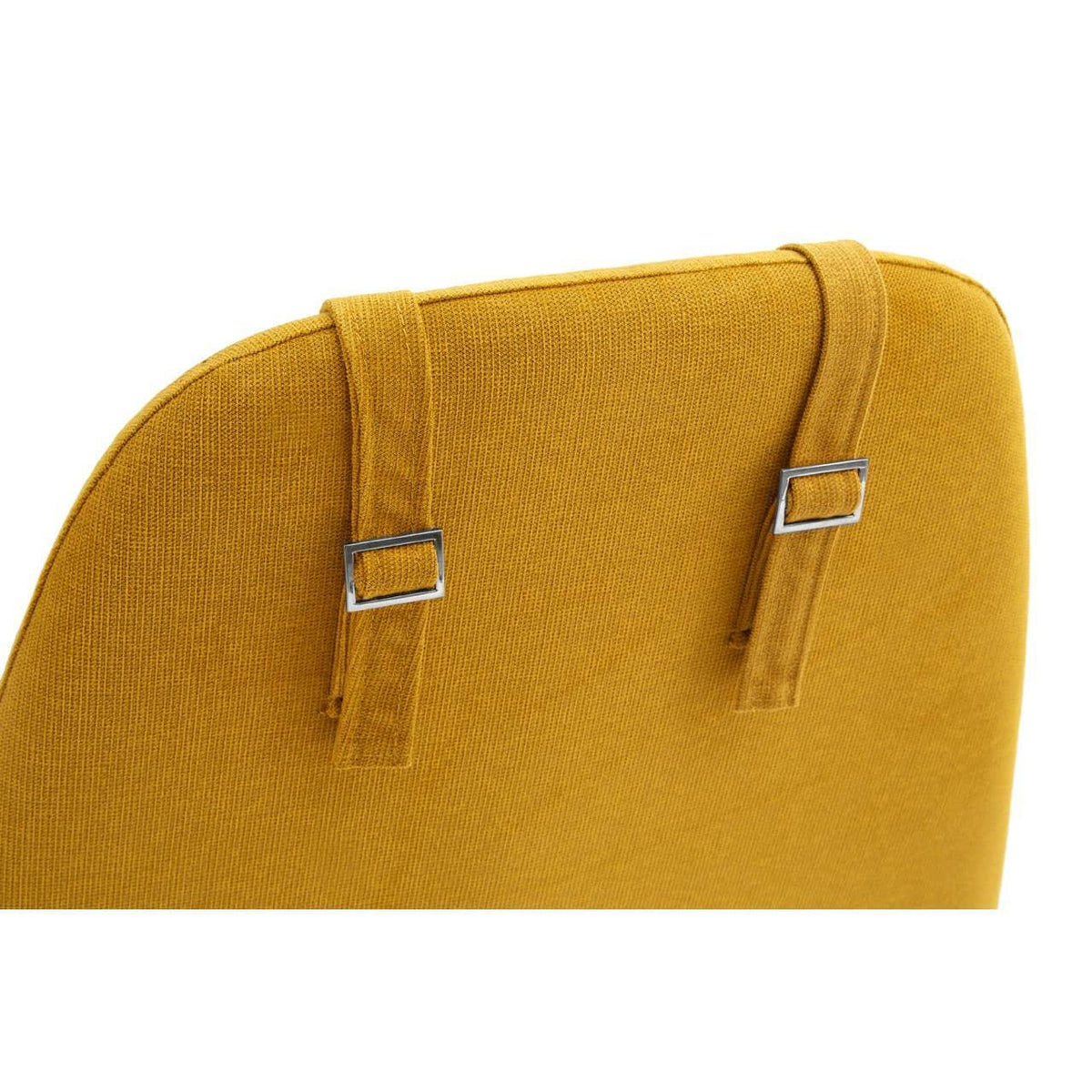 Mustard yellow fabric dining chair backrest with adjustable buckle straps detail