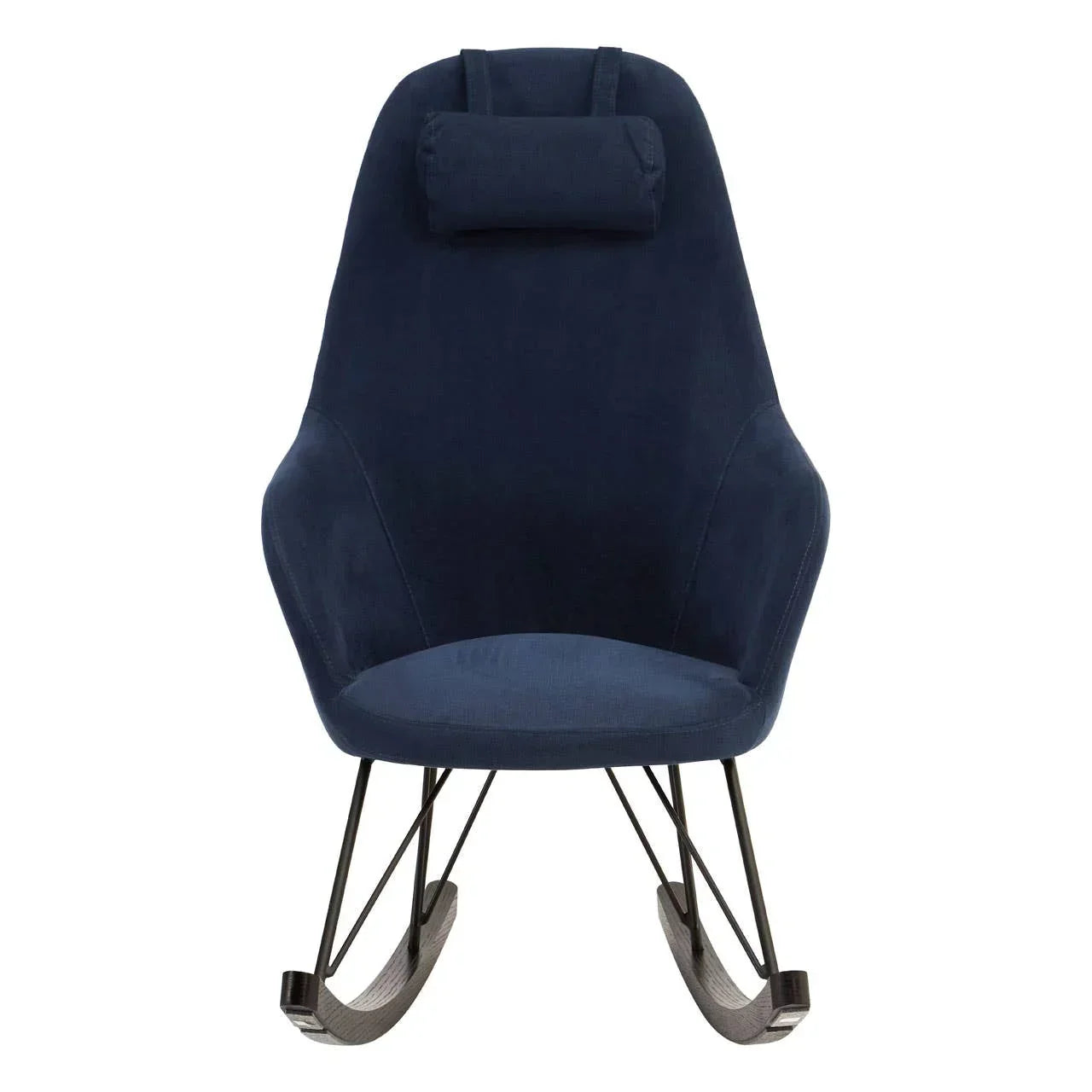 Navy blue velvet rocking chair with metal legs and cushioned headrest, front view