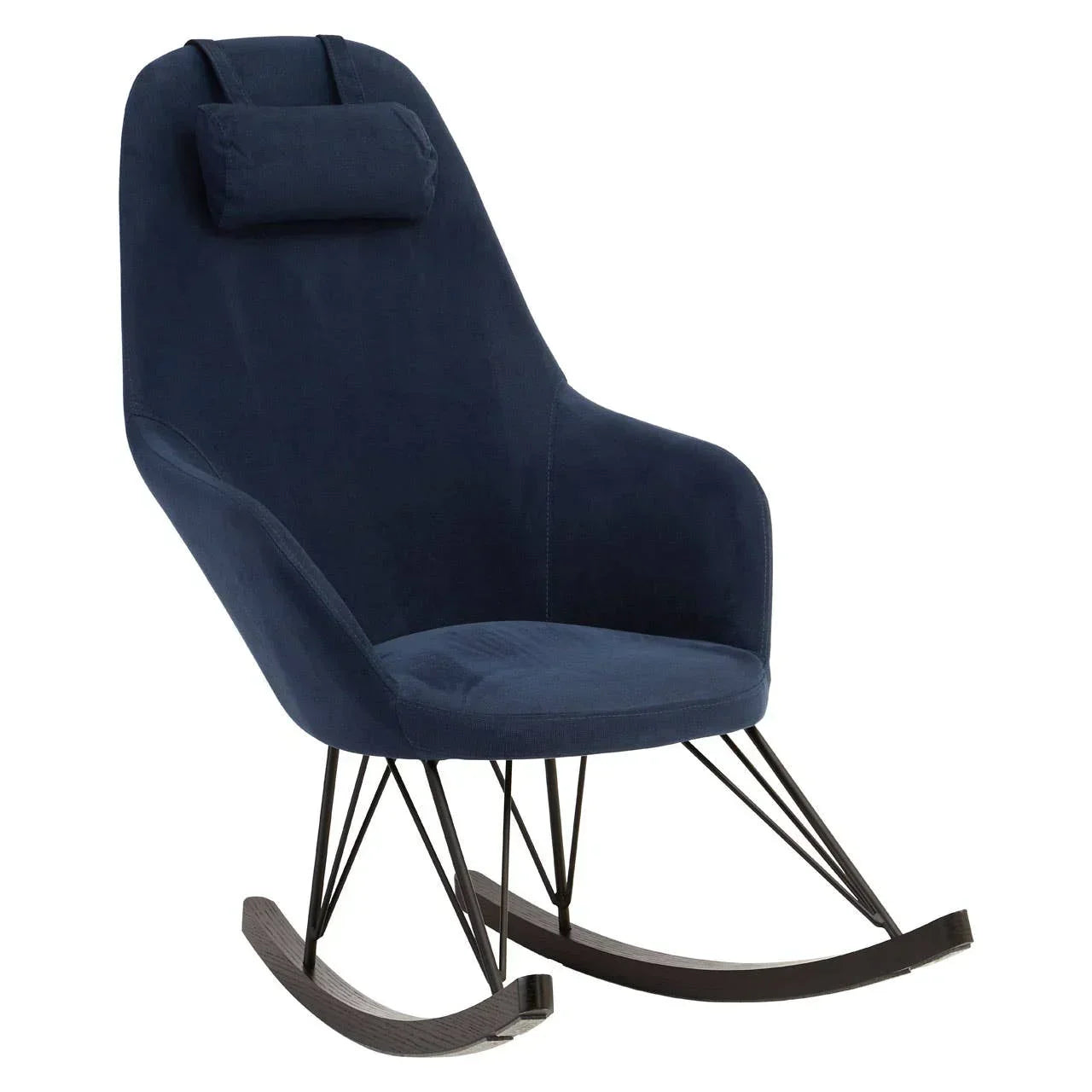 Navy blue fabric rocking chair with high backrest, padded headrest, and black metal legs