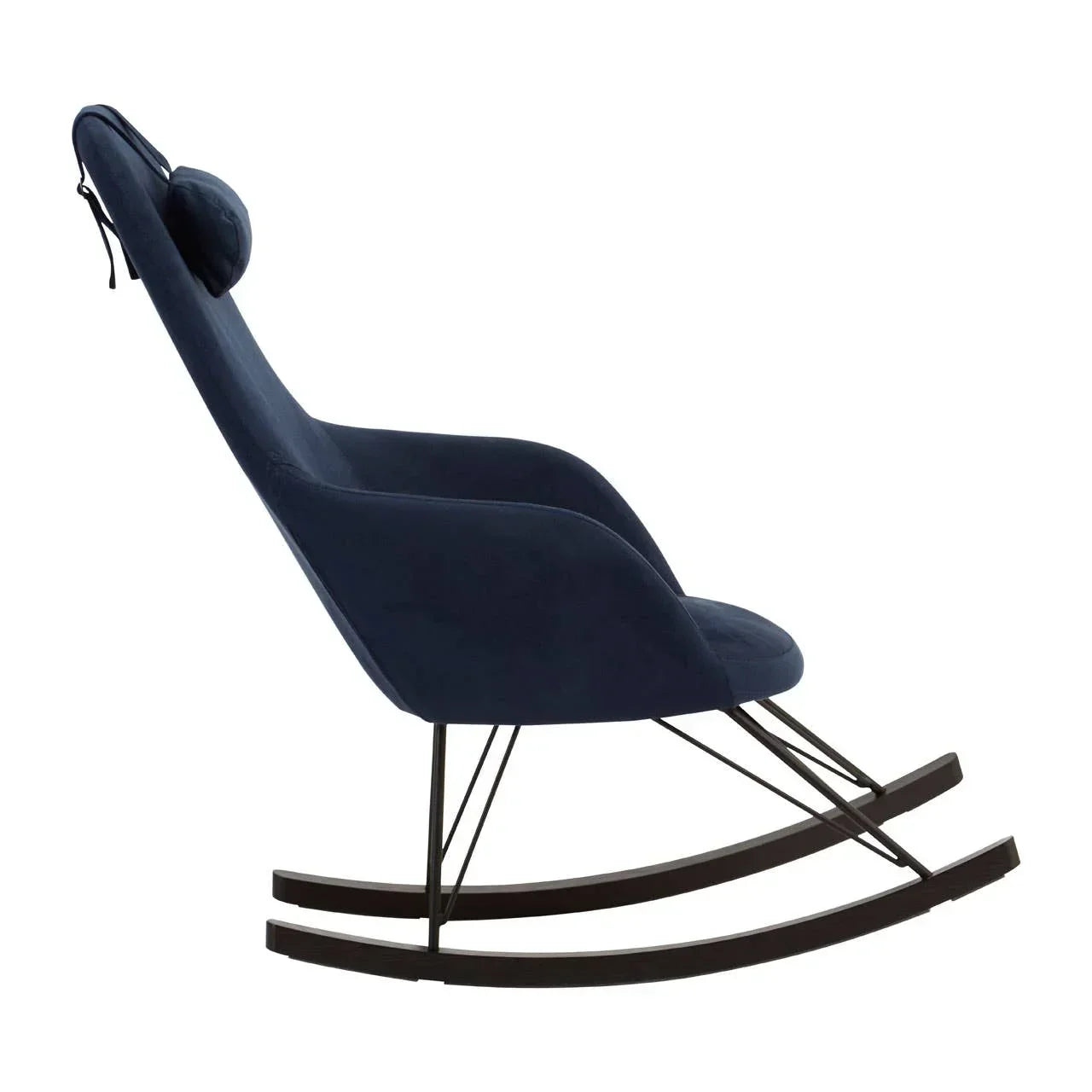Navy blue fabric rocking chair with headrest and dark wooden curved rockers, side view