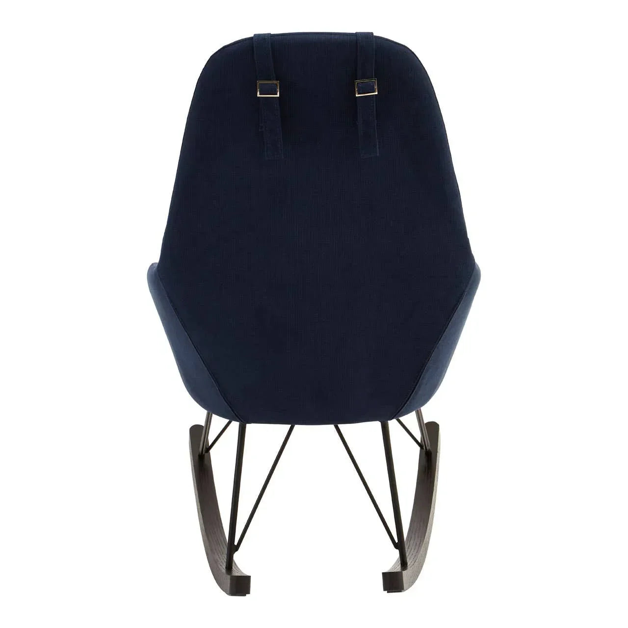 Rear view of navy blue upholstered rocking chair with black metal and wood base