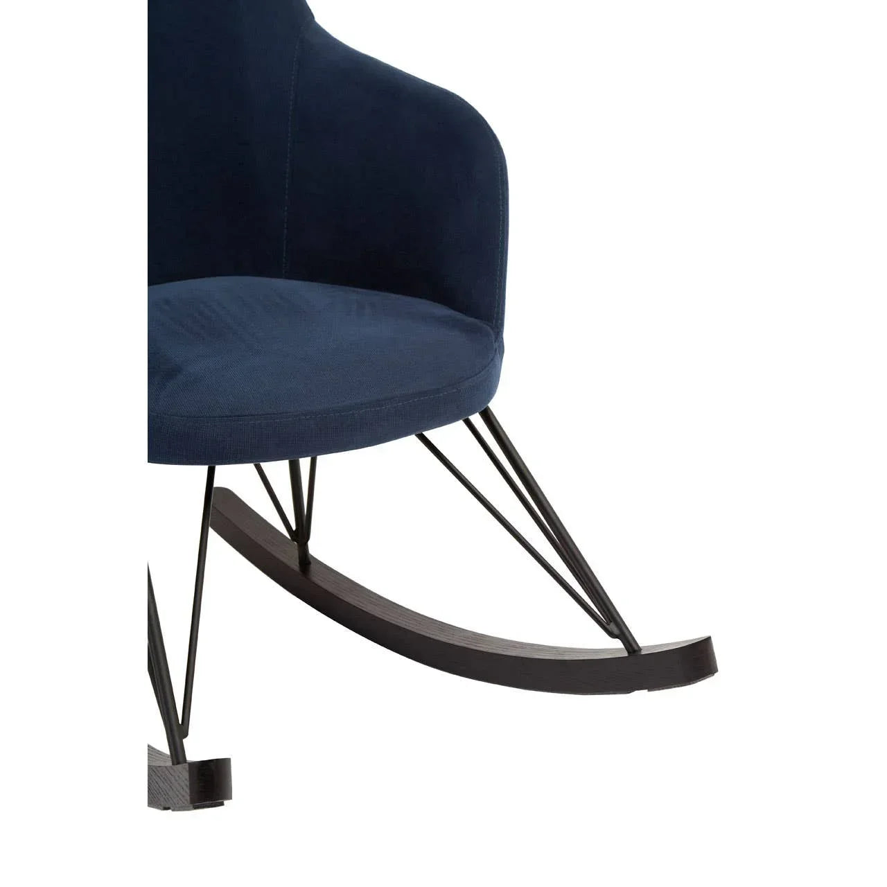 Navy blue fabric rocking chair with black metal legs and curved wooden base, close-up view
