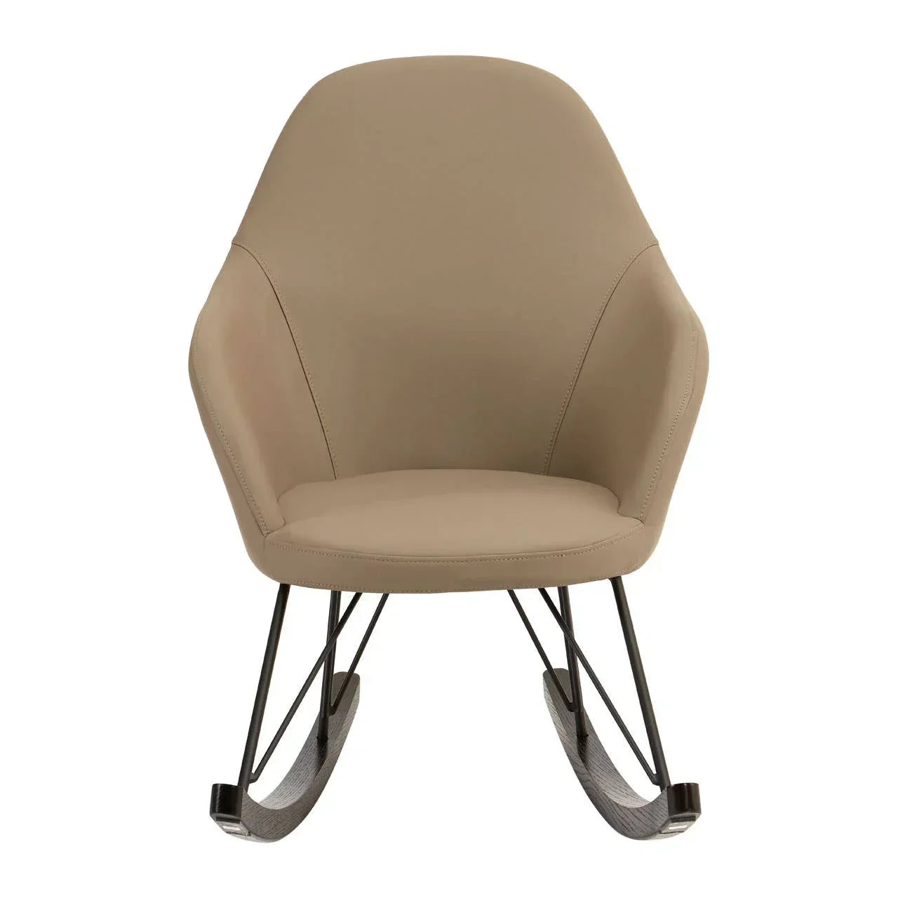 Beige upholstered rocking chair with metal legs and curved wooden rockers, front view