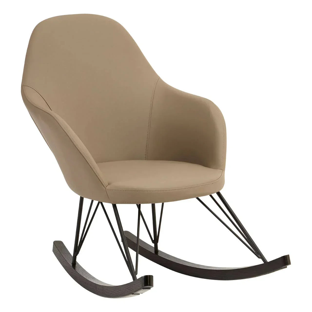 Beige upholstered rocking chair with black metal frame and curved wooden rockers