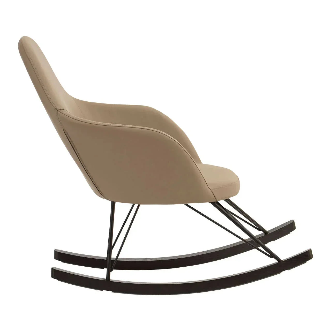 Beige modern rocking chair with curved wooden base and metal frame, side view