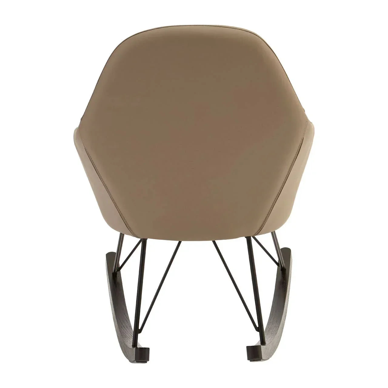 Beige upholstered rocking chair rear view with black metal legs and wooden rockers