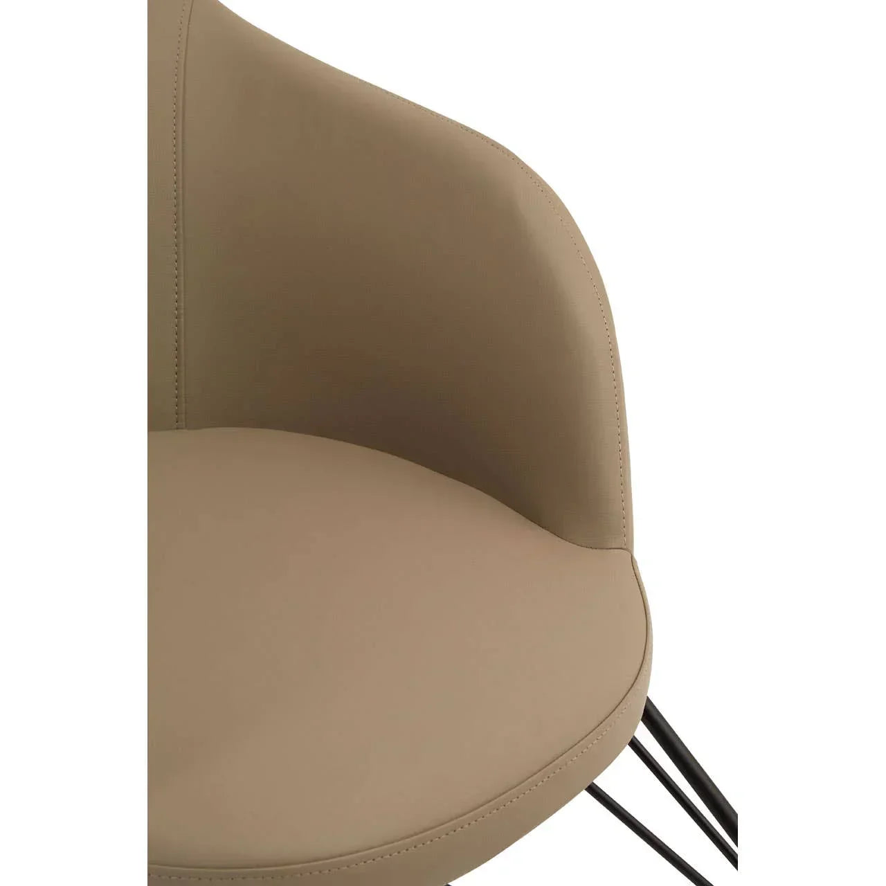 Beige dining chair with curved padded seat and black metal legs, close-up view