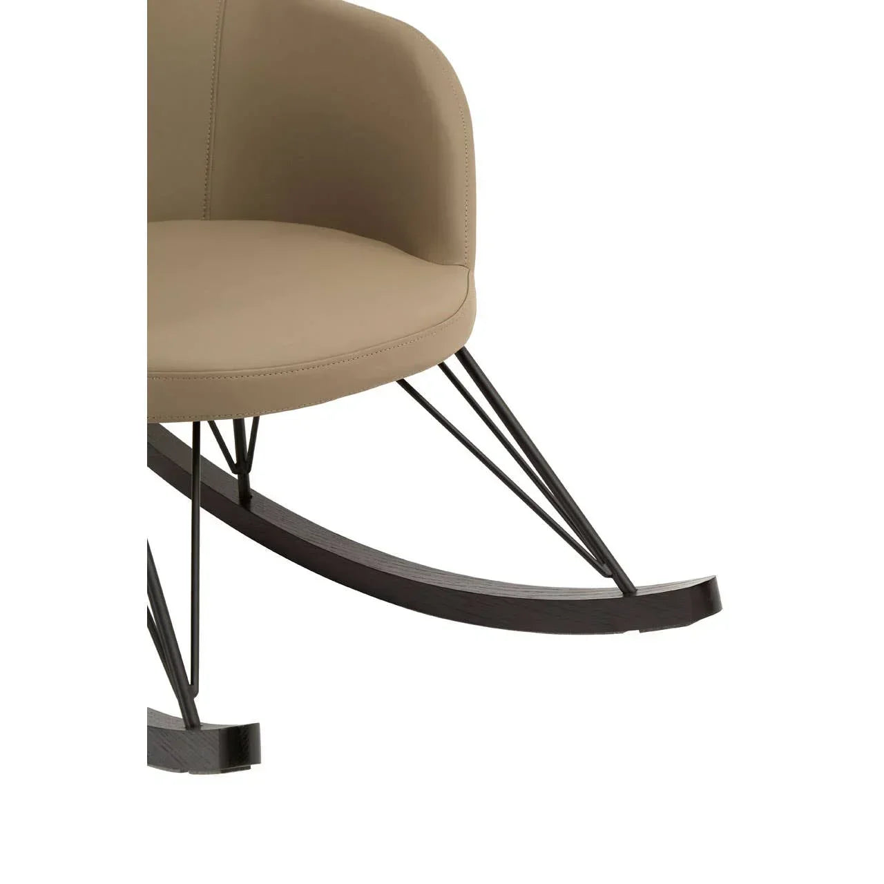 Beige upholstered rocking chair with black curved wooden base and metal frame details