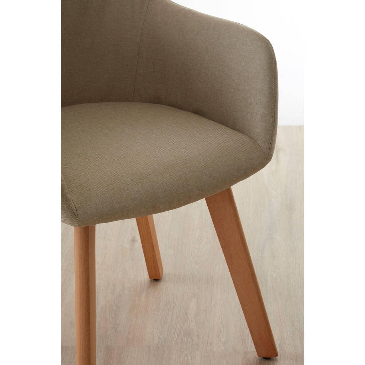 Taupe fabric dining chair with curved backrest and wooden legs on light wood floor
