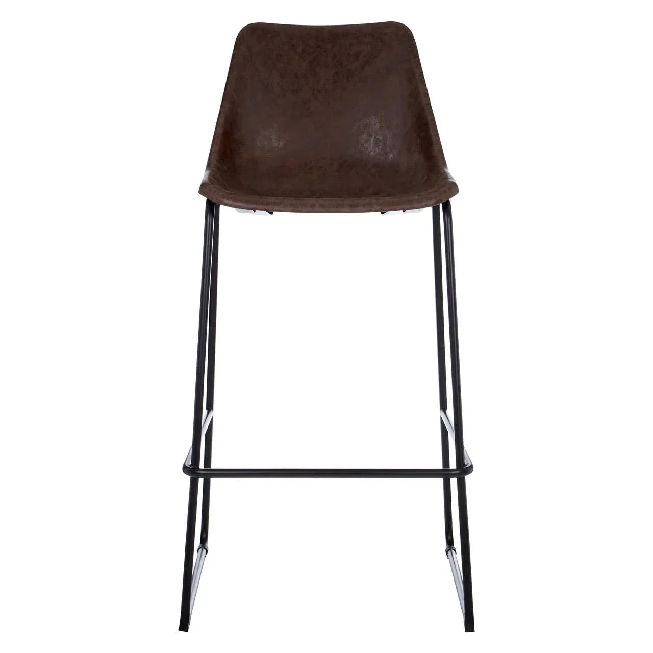 Brown faux leather bar stool with black metal legs, front view