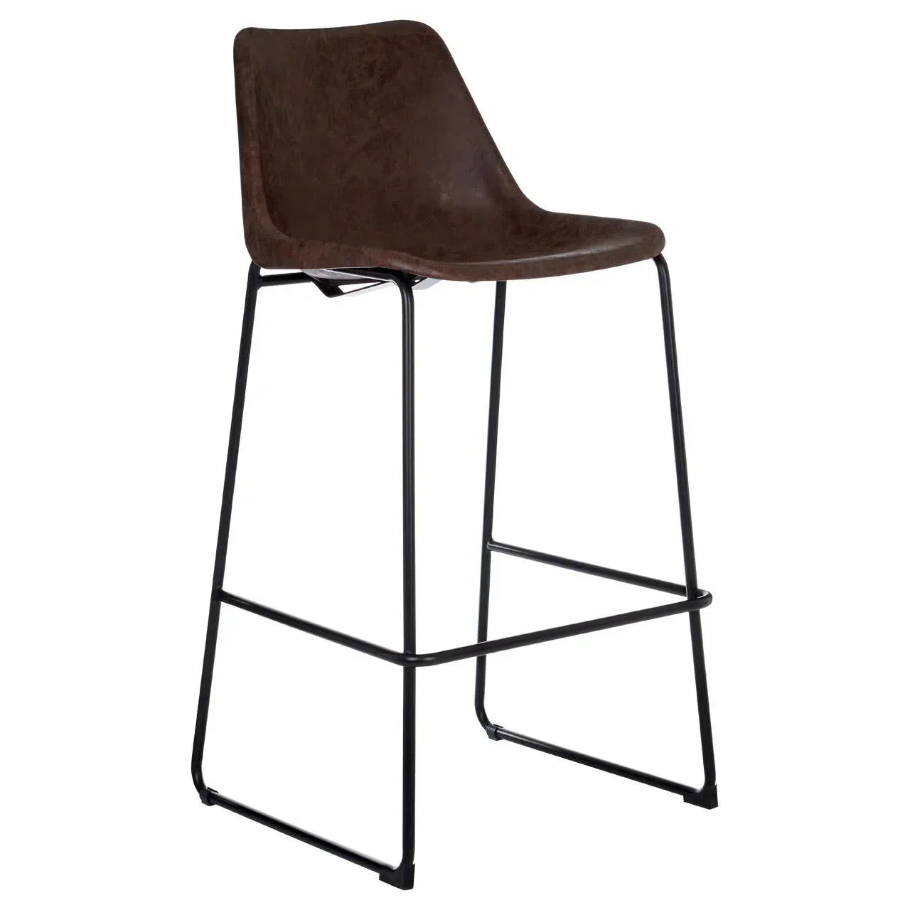 Brown faux leather bar stool with black metal legs and footrest