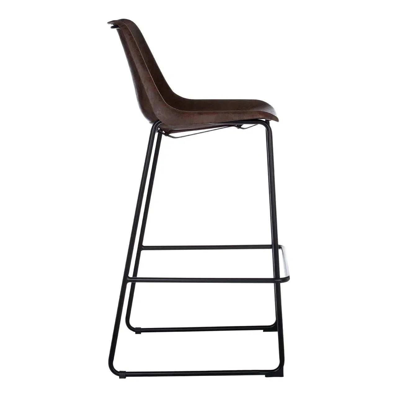 Brown bar stool with curved seat and black metal legs, side profile view