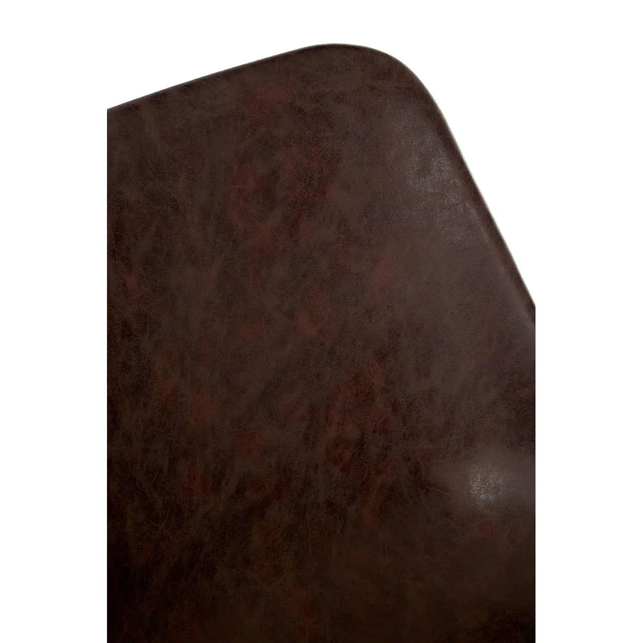 Close view of brown faux leather chair backrest with smooth textured finish