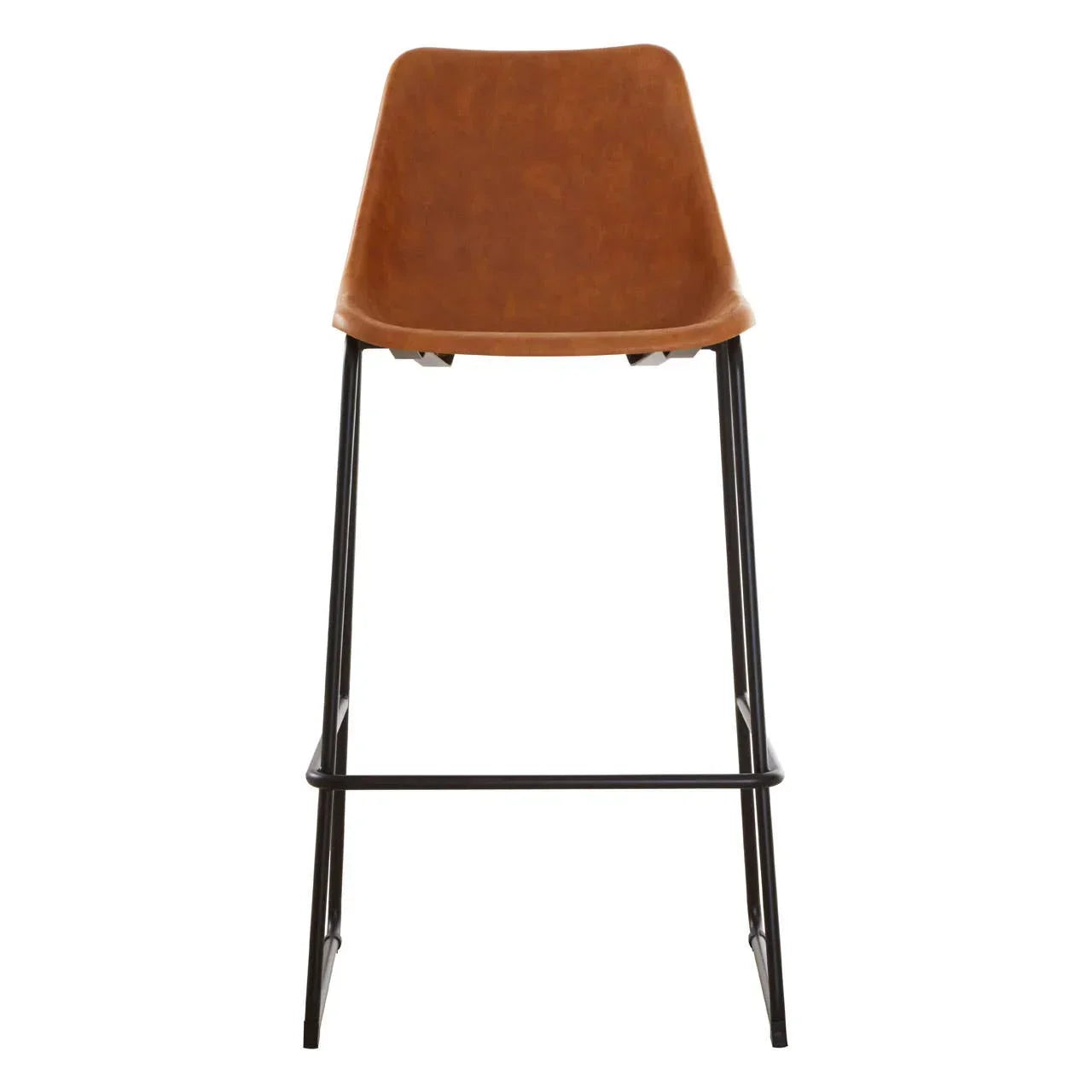 Brown faux leather bar stool with black metal legs, front view on white background