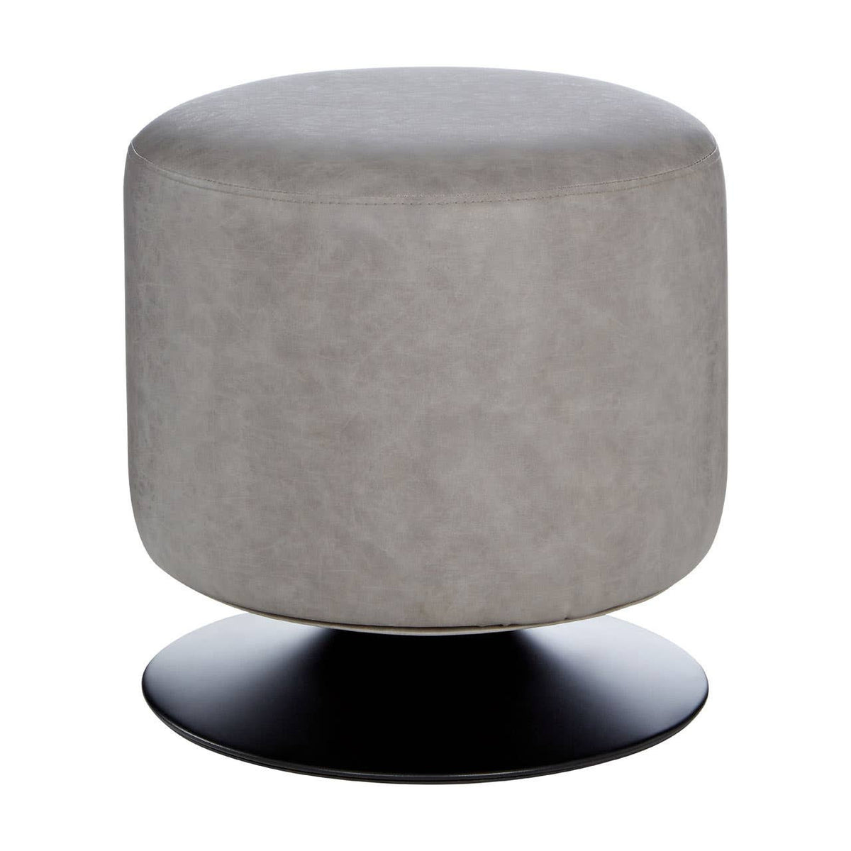 Round pouffe in ash grey faux leather with a smooth surface, resting on a circular black base. The design is modern and minimalist, suitable for various home decor styles