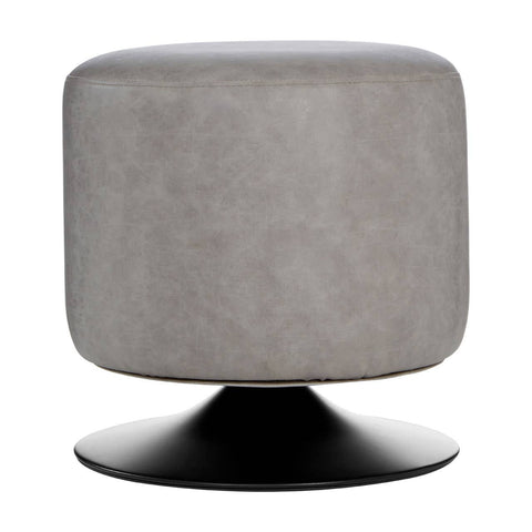 A round pouffe upholstered in ash grey faux leather, featuring a smooth, rounded top and a sleek black base. The design is modern and minimalist, suitable for various home decor styles