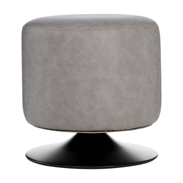 A round pouffe upholstered in ash grey faux leather, featuring a smooth, rounded top and a sleek black base. The design is modern and minimalist, suitable for various home decor styles