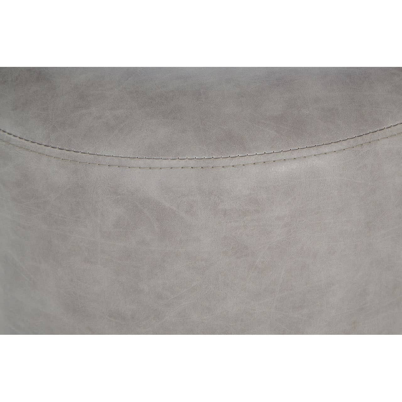 Ash grey faux leather pouffe with a smooth, textured surface and rounded edges, designed for versatile home decor use