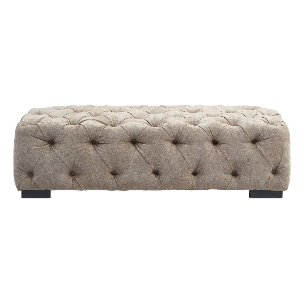 Rectangular footstool upholstered in natural fabric with tufted detailing and button accents, featuring a sturdy base and dark wooden legs