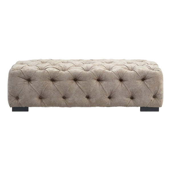 Rectangular footstool upholstered in natural fabric with tufted detailing and button accents, featuring a sturdy base and dark wooden legs
