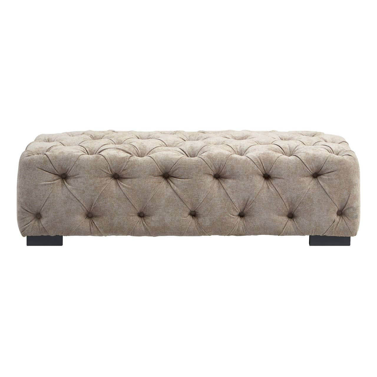 Rectangular footstool upholstered in natural fabric with tufted detailing and button accents, featuring a sturdy base and dark wooden legs